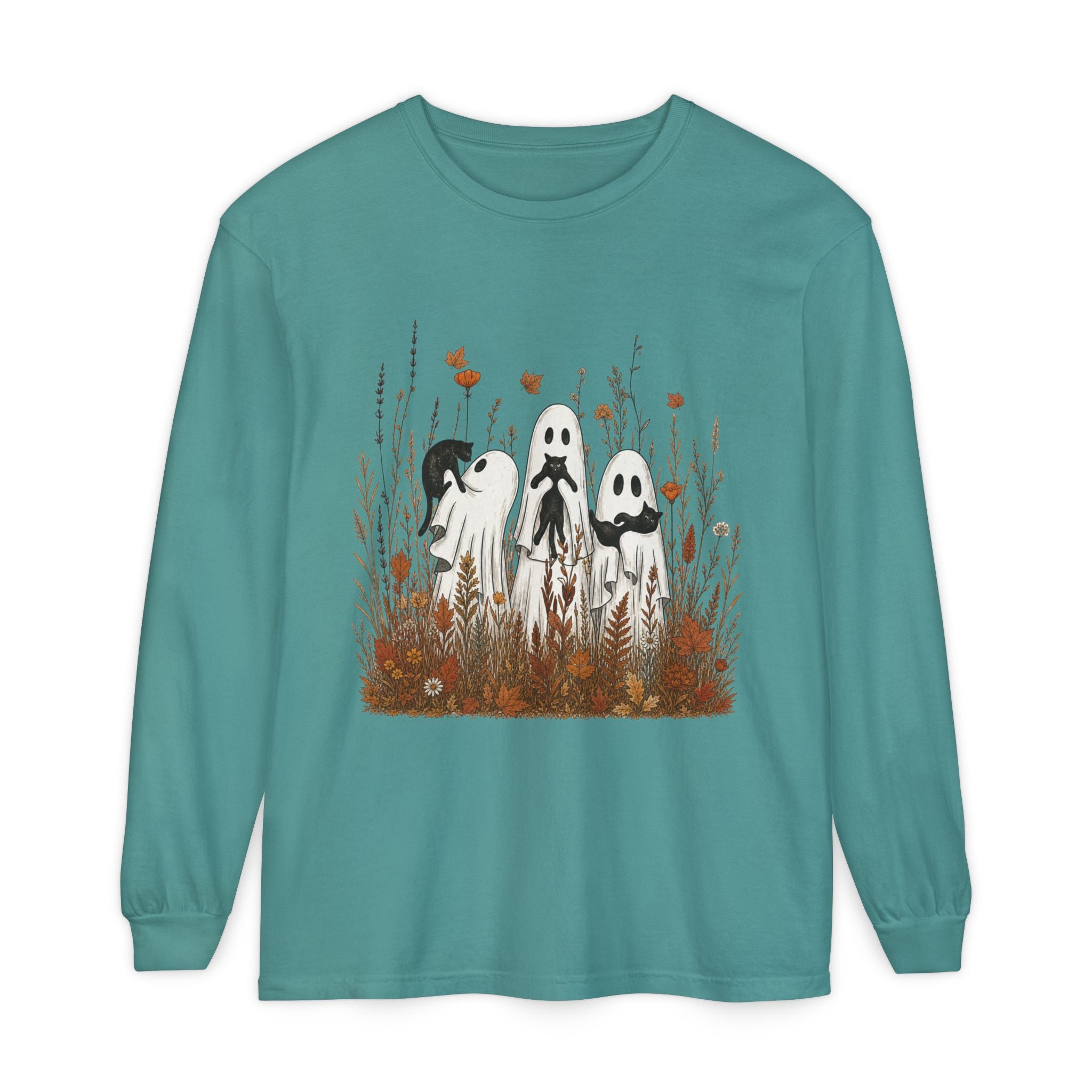 Three Ghosts in Wildflowers Long Sleeve Shirt | Halloween Autumn