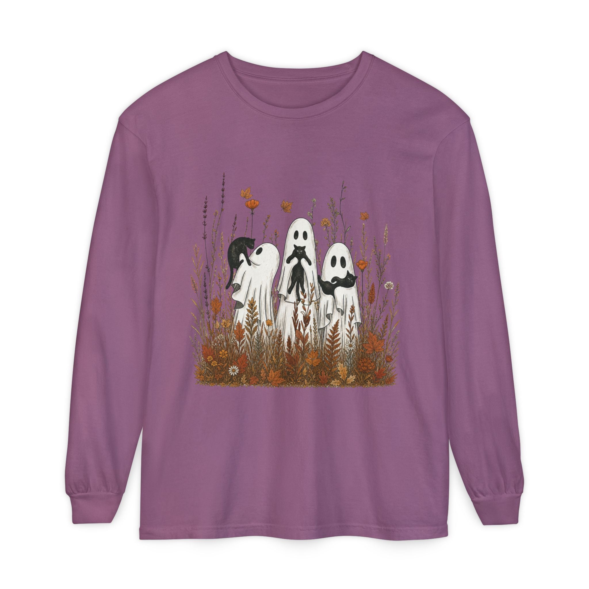 Three Ghosts in Wildflowers Long Sleeve Shirt | Halloween Autumn