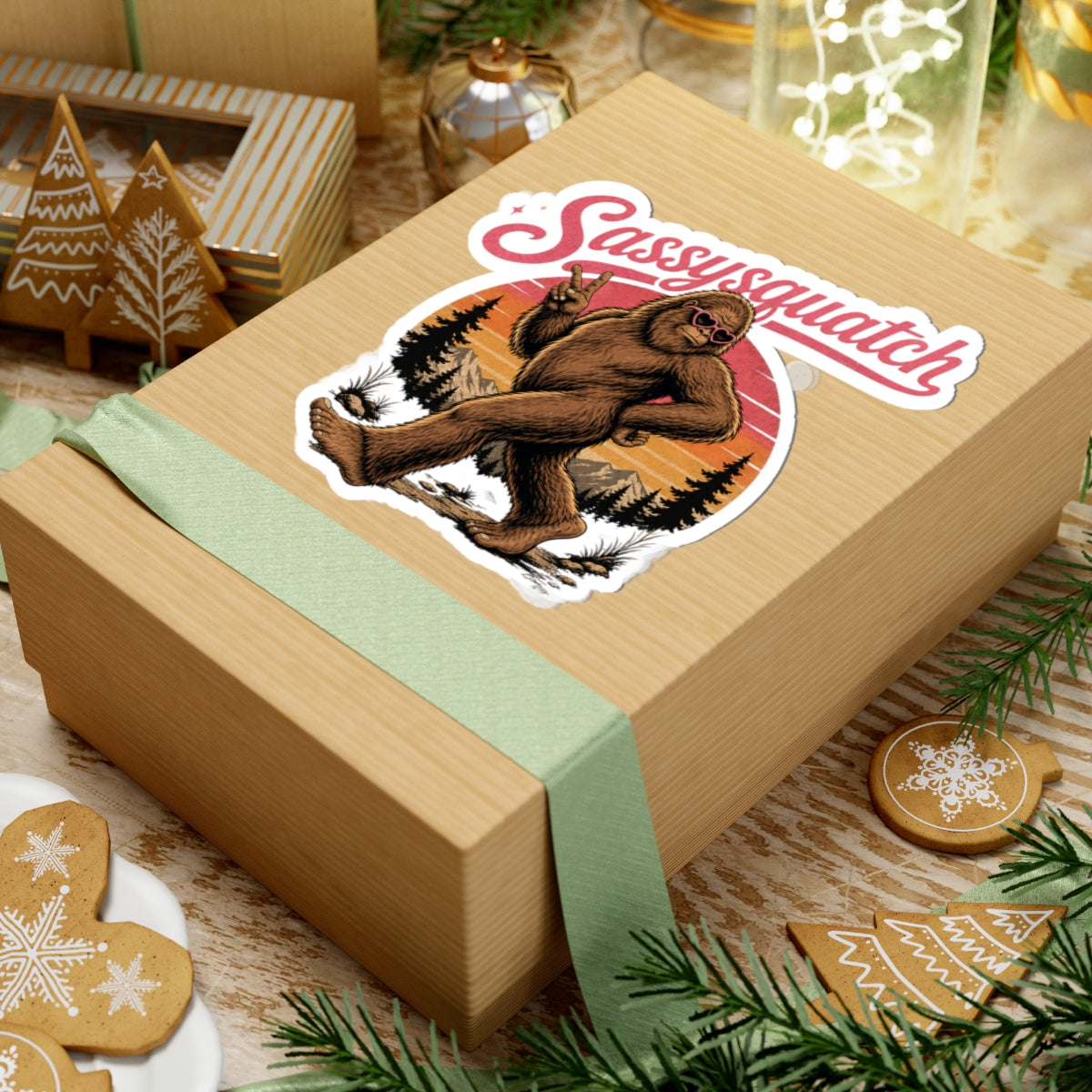 Sassysquatch sticker | kiss-cut Sasquatch Bigfoot decal, retro sunset design