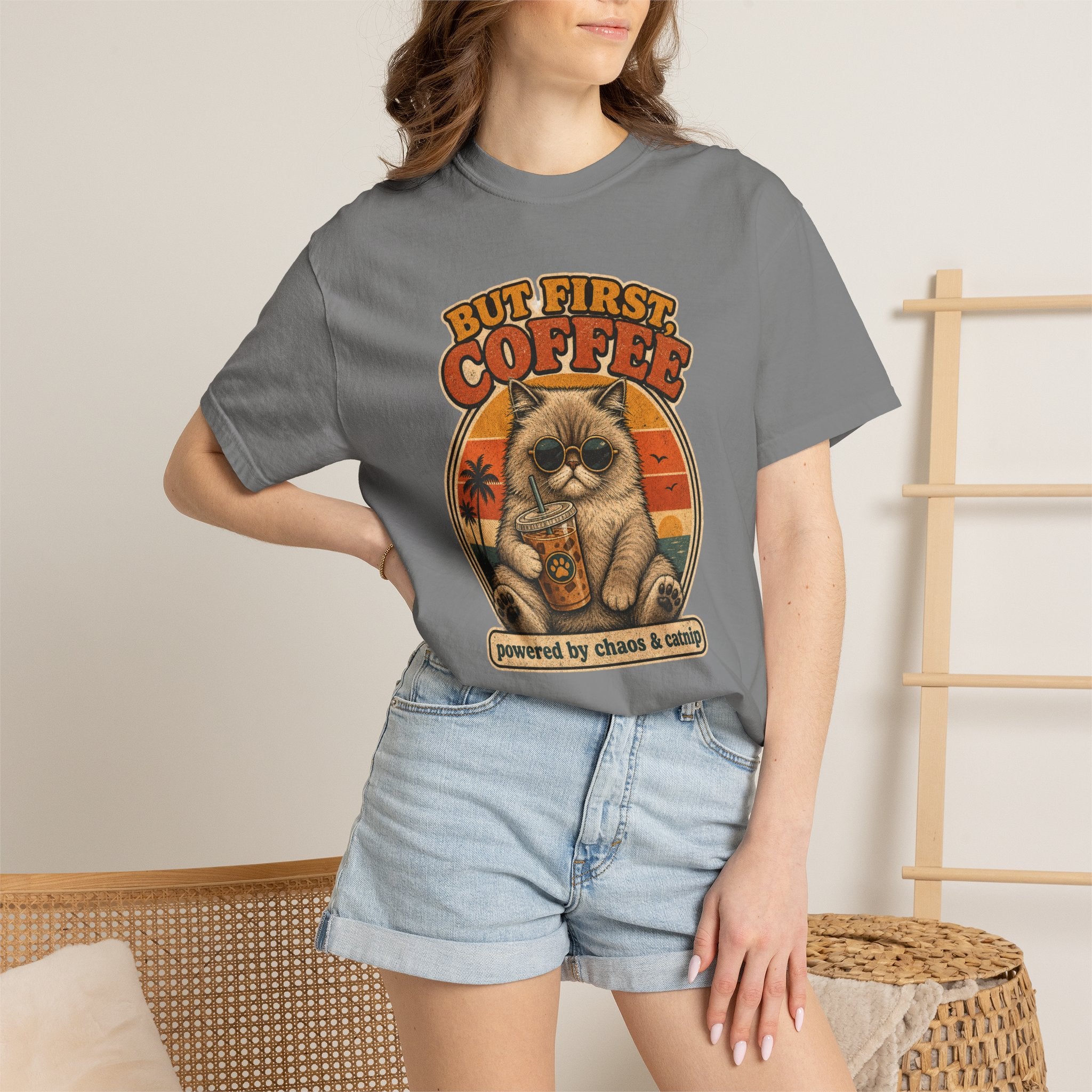 But First Coffee cat graphic T-Shirt | retro sunset, cat with latte