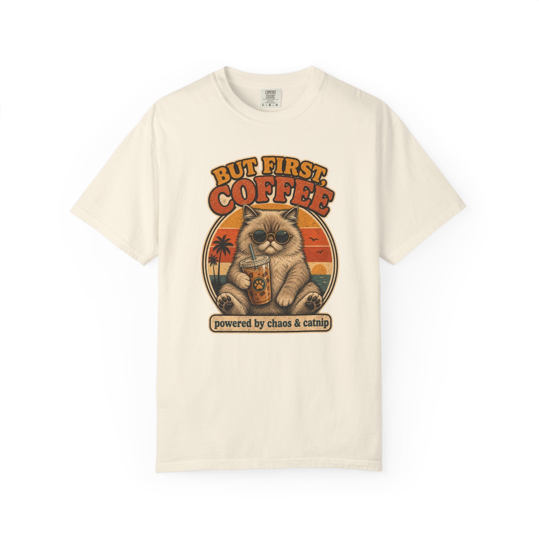 But First Coffee cat graphic T-Shirt | retro sunset, cat with latte