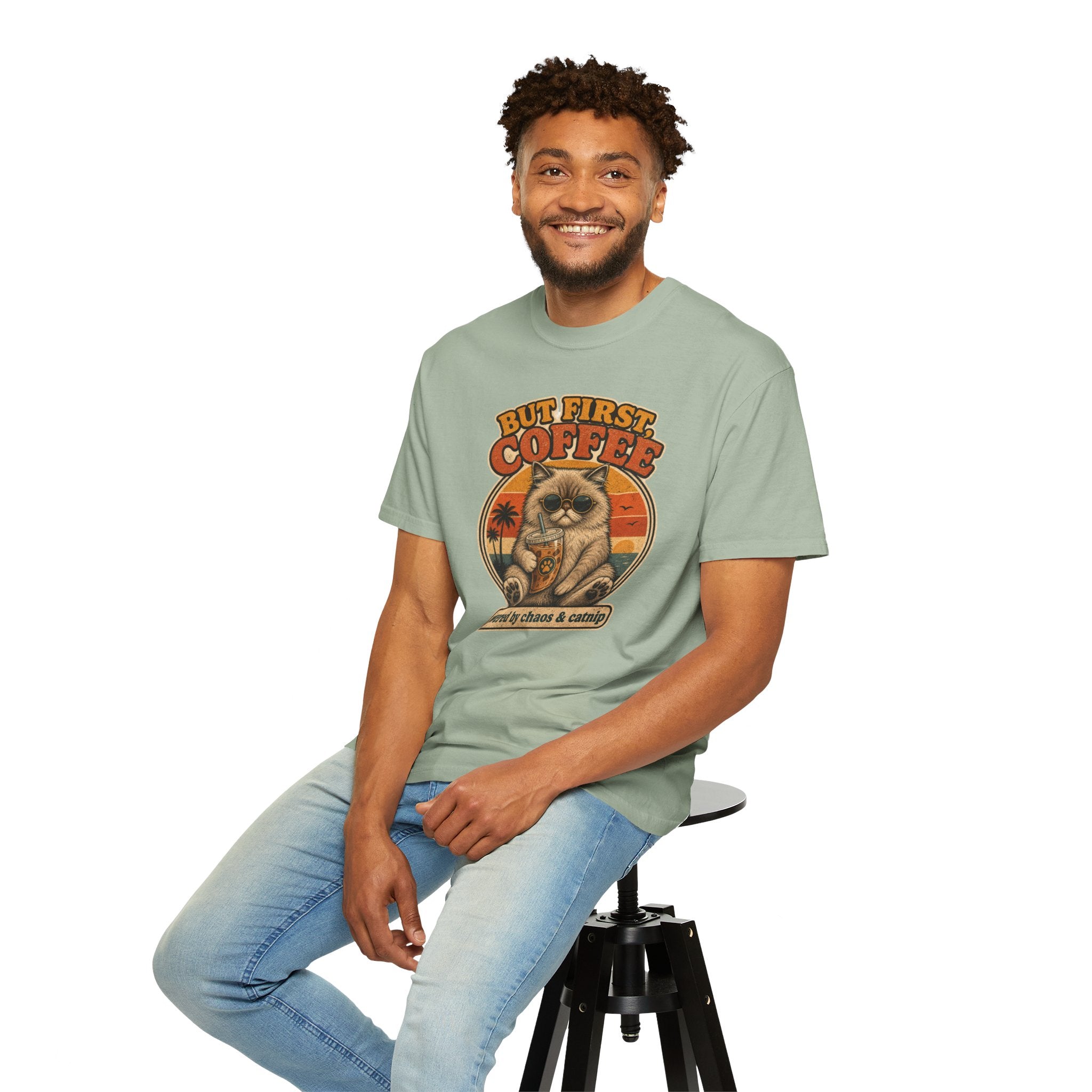 But First Coffee cat graphic T-Shirt | retro sunset, cat with latte