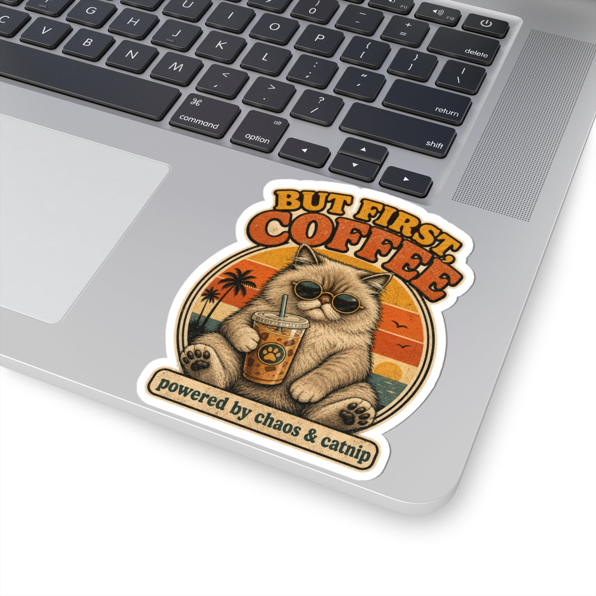 But First Coffee cat sticker Kiss-Cut vinyl sticker | retro cat, iced coffee, catnip