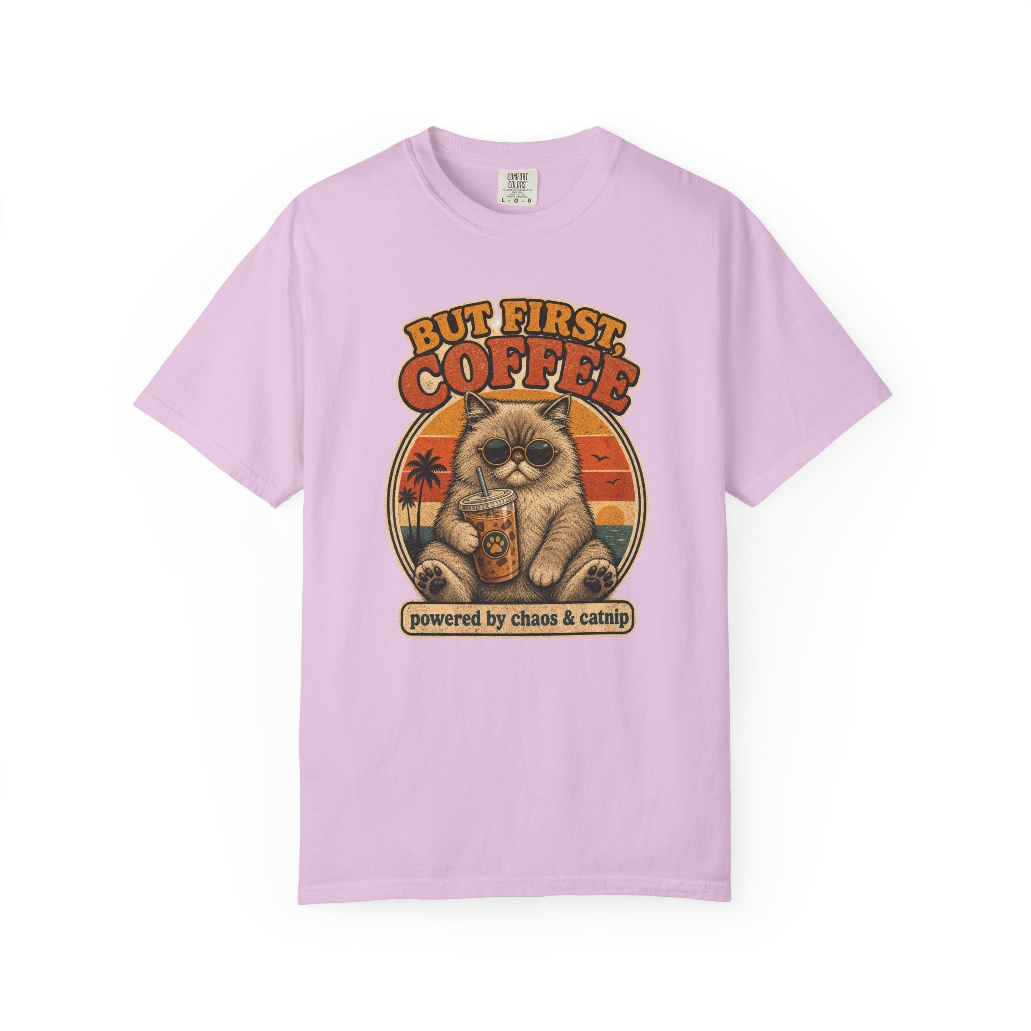 But First Coffee cat graphic T-Shirt | retro sunset, cat with latte