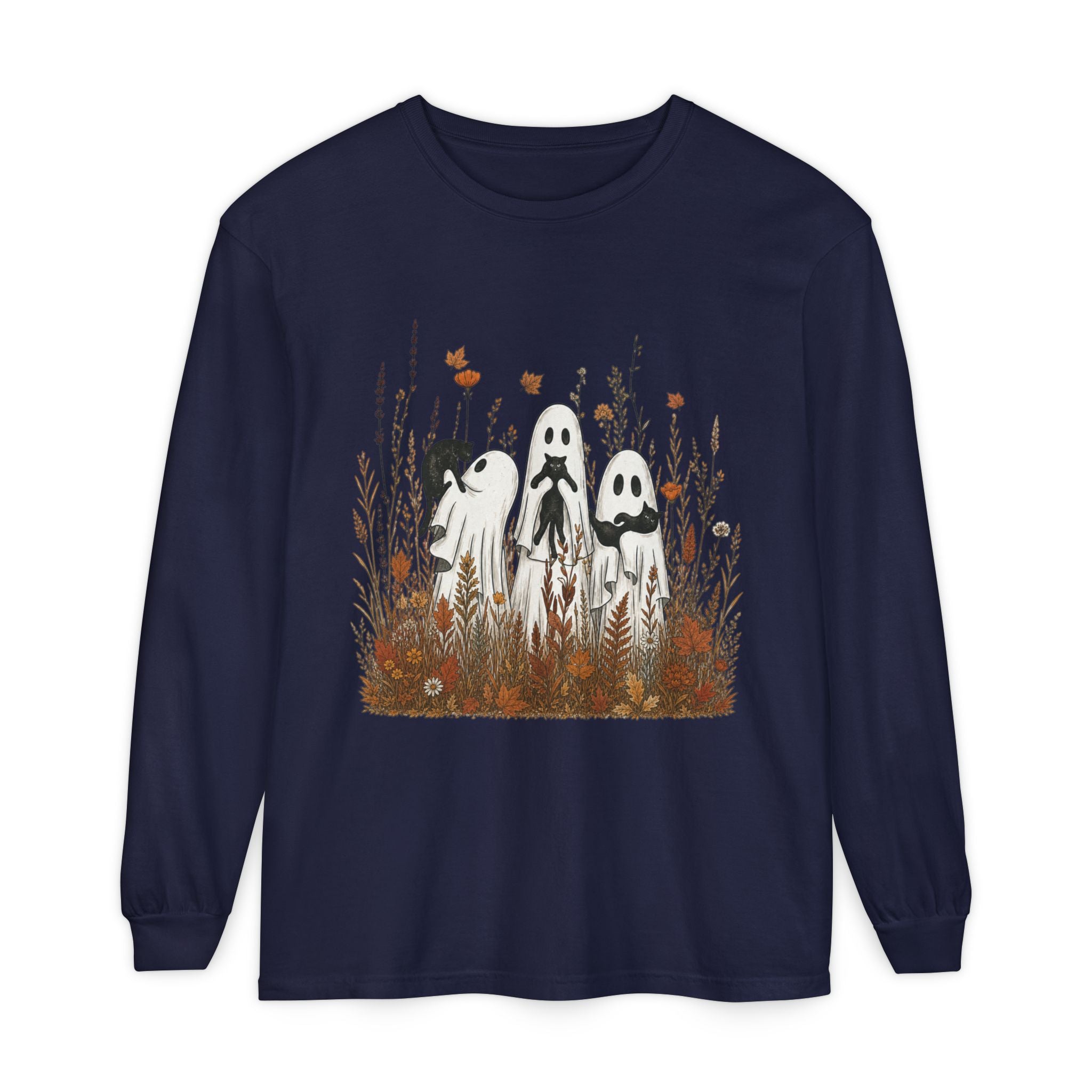 Three Ghosts in Wildflowers Long Sleeve Shirt | Halloween Autumn