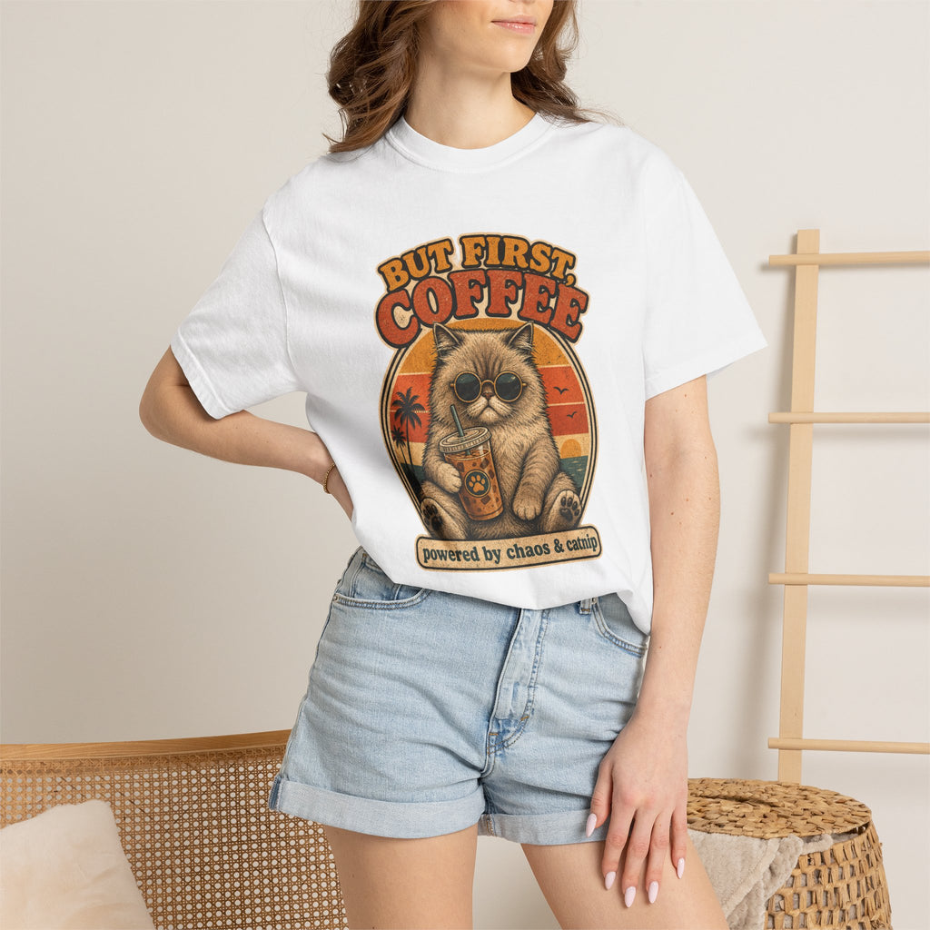 But First Coffee cat graphic T-Shirt | retro sunset, cat with latte