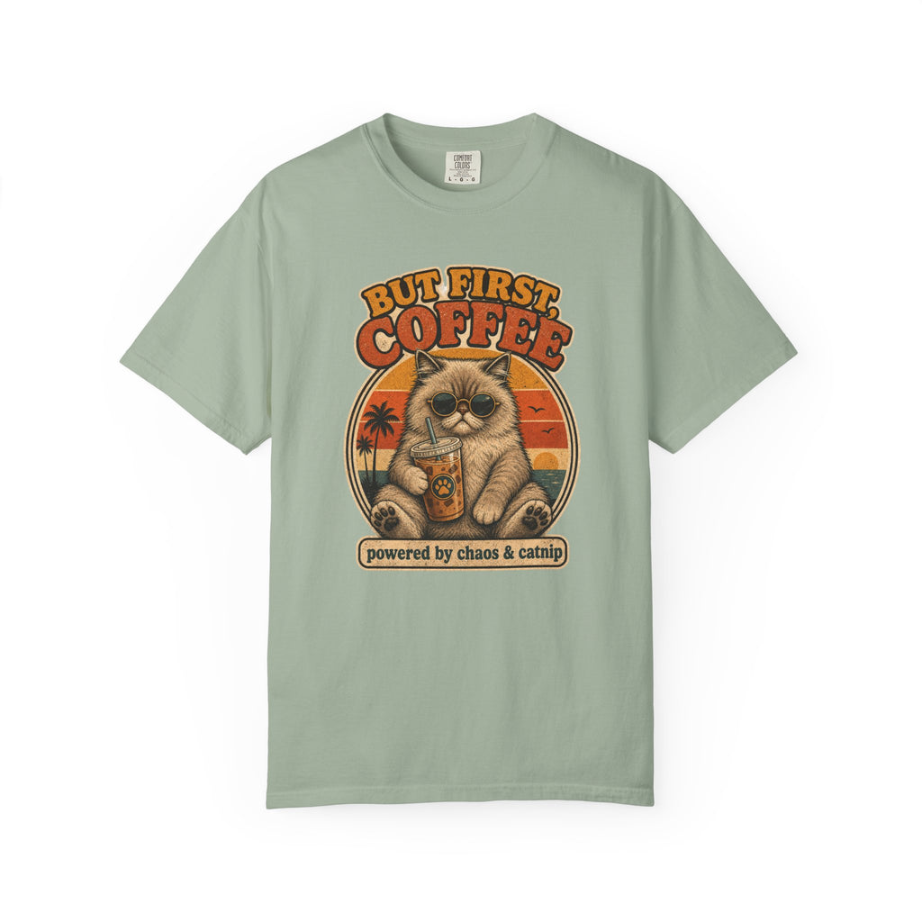 But First Coffee cat graphic T-Shirt | retro sunset, cat with latte