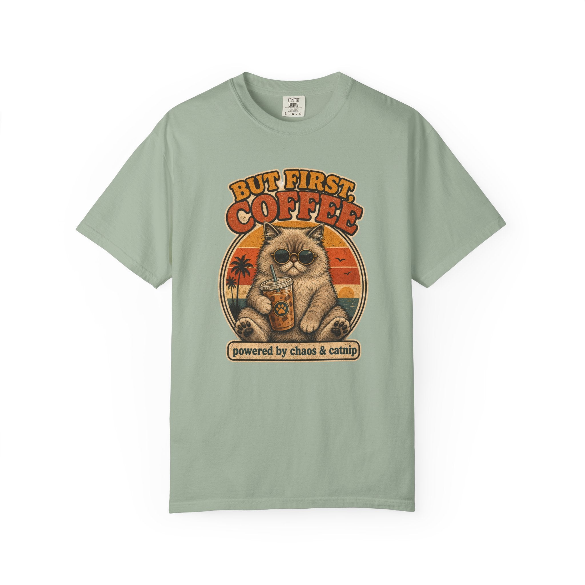 But First Coffee cat graphic T-Shirt | retro sunset, cat with latte
