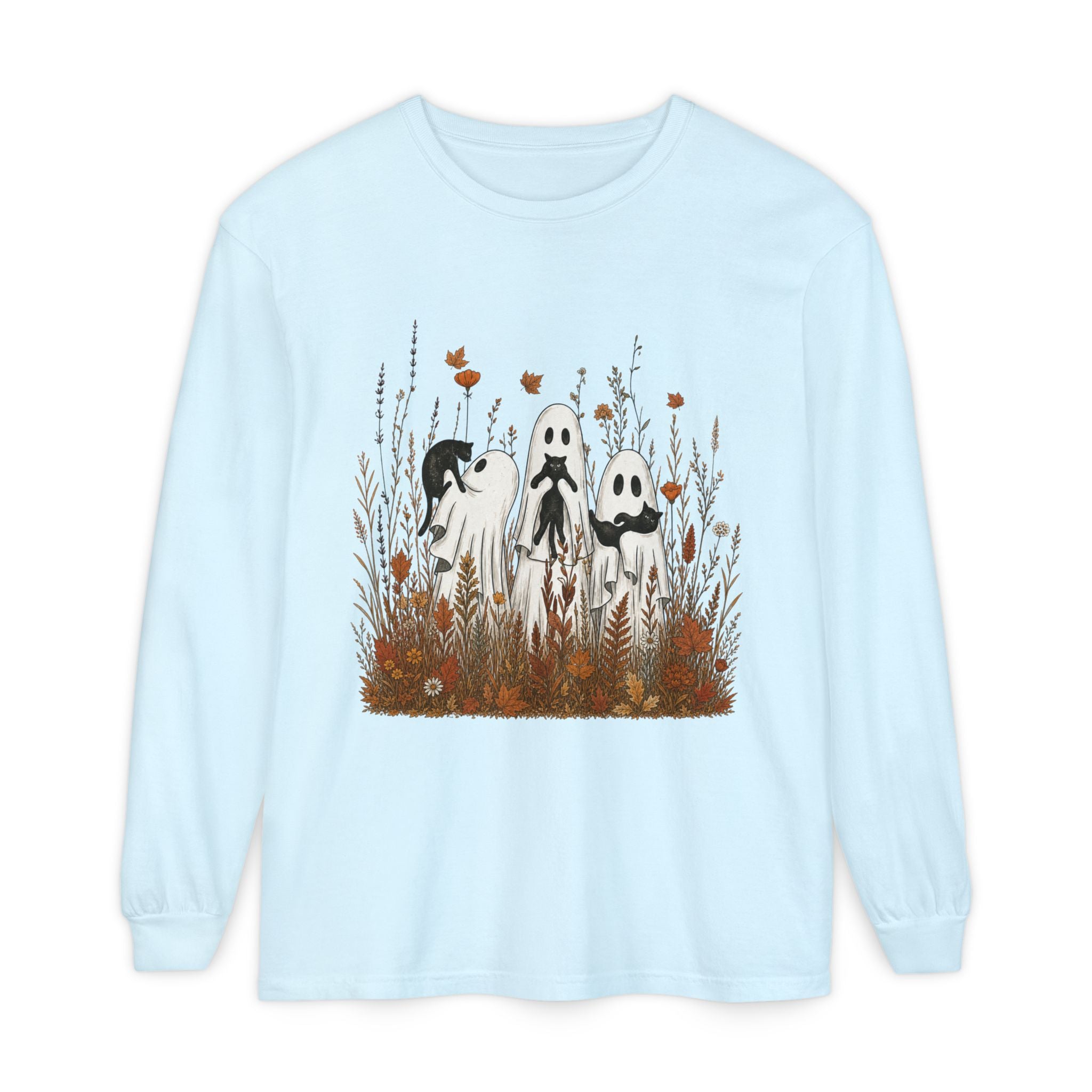 Three Ghosts in Wildflowers Long Sleeve Shirt | Halloween Autumn