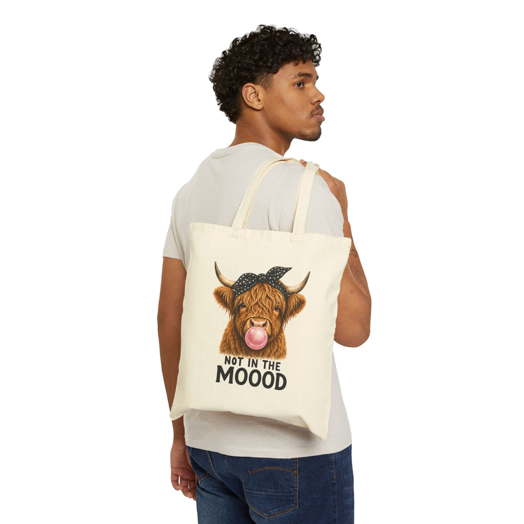 Highland Cow Bubblegum 'Not in the Mood' Tote Bag | Cute Cow Illustration