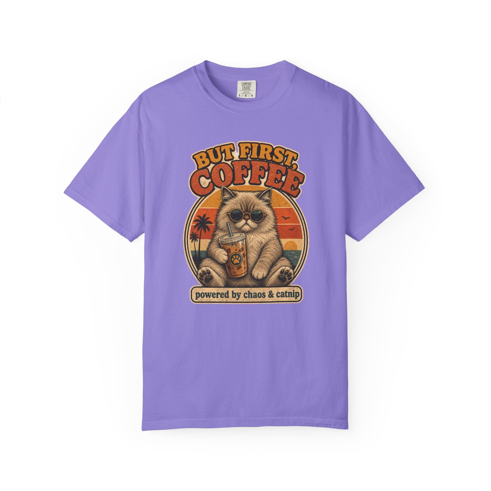 But First Coffee cat graphic T-Shirt | retro sunset, cat with latte