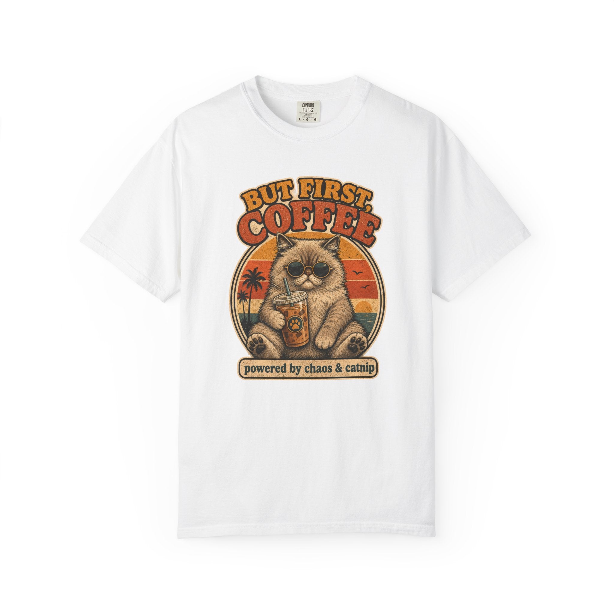 But First Coffee cat graphic T-Shirt | retro sunset, cat with latte