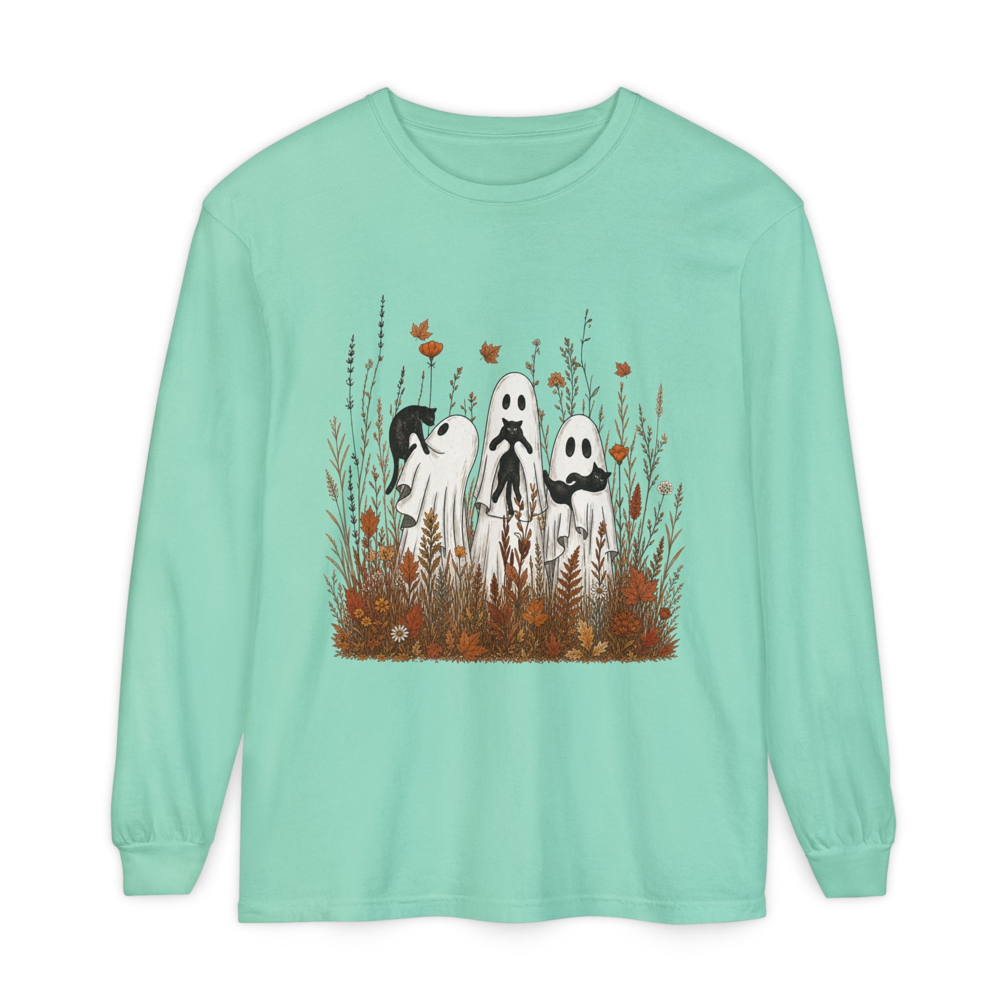 Three Ghosts in Wildflowers Long Sleeve Shirt | Halloween Autumn