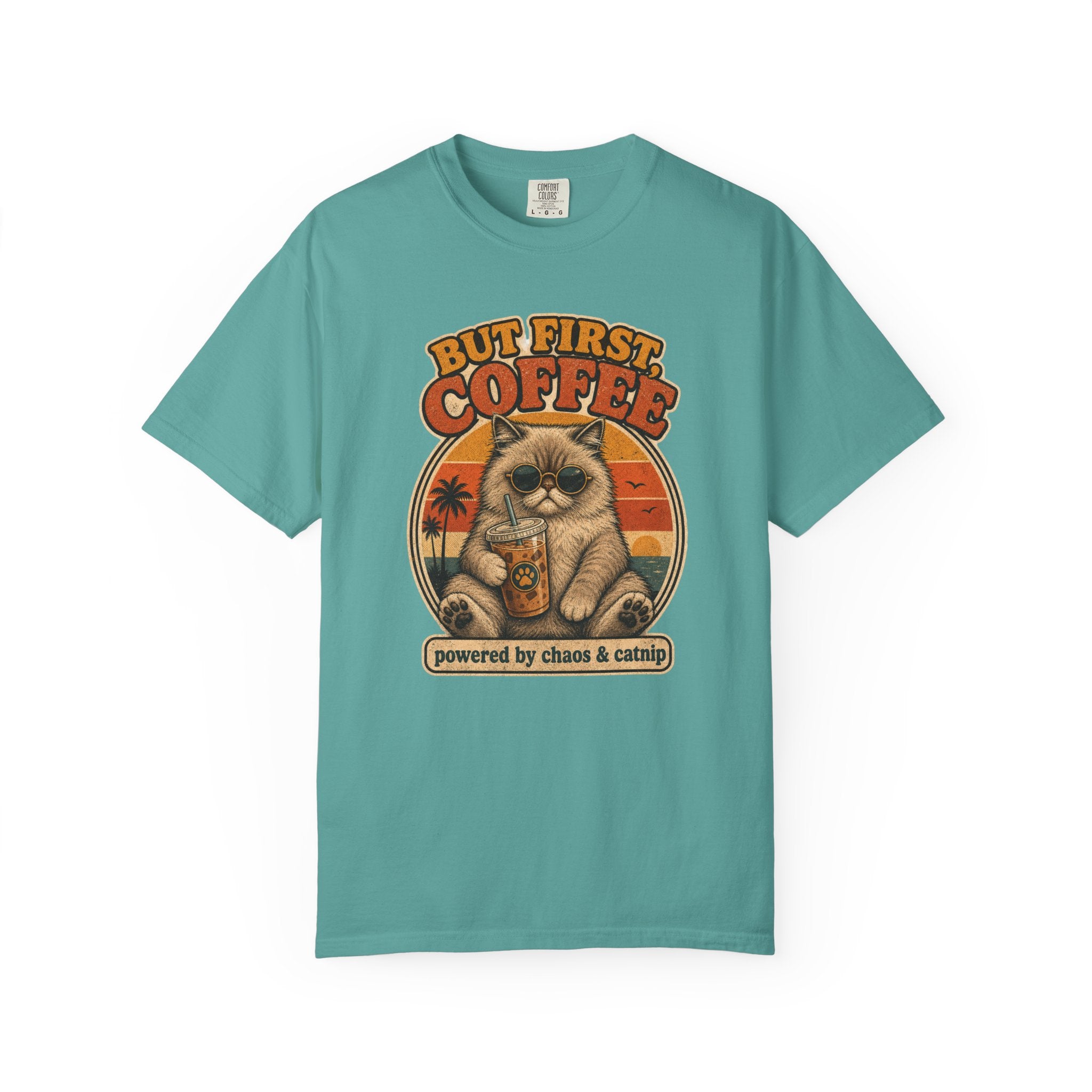 But First Coffee cat graphic T-Shirt | retro sunset, cat with latte
