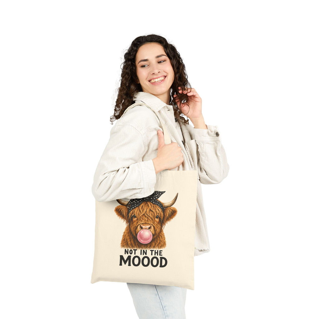 Highland Cow Bubblegum 'Not in the Mood' Tote Bag | Cute Cow Illustration
