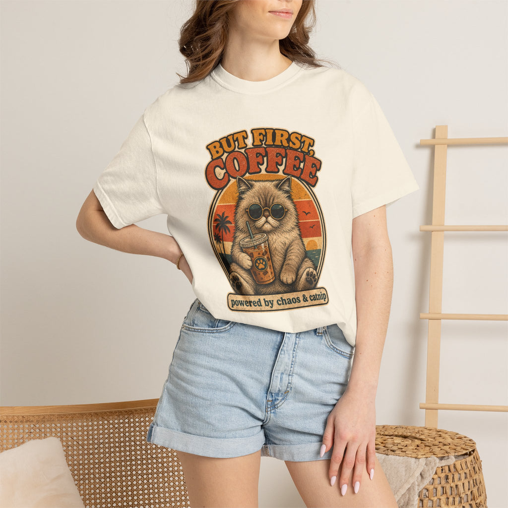 But First Coffee cat graphic T-Shirt | retro sunset, cat with latte