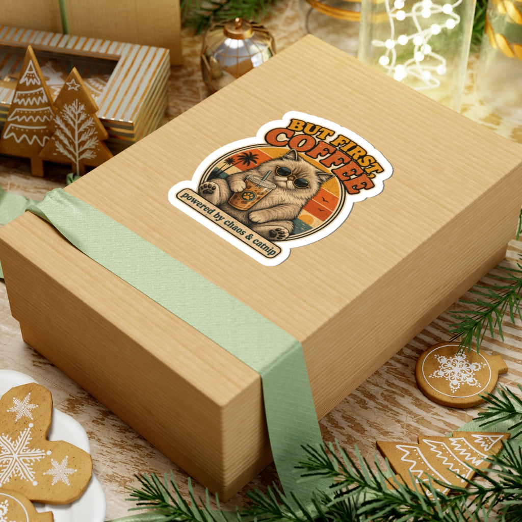 But First Coffee cat sticker Kiss-Cut vinyl sticker | retro cat, iced coffee, catnip