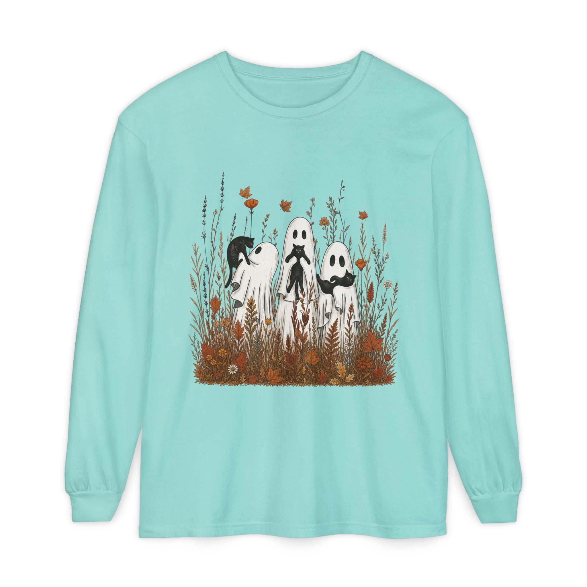 Three Ghosts in Wildflowers Long Sleeve Shirt | Halloween Autumn