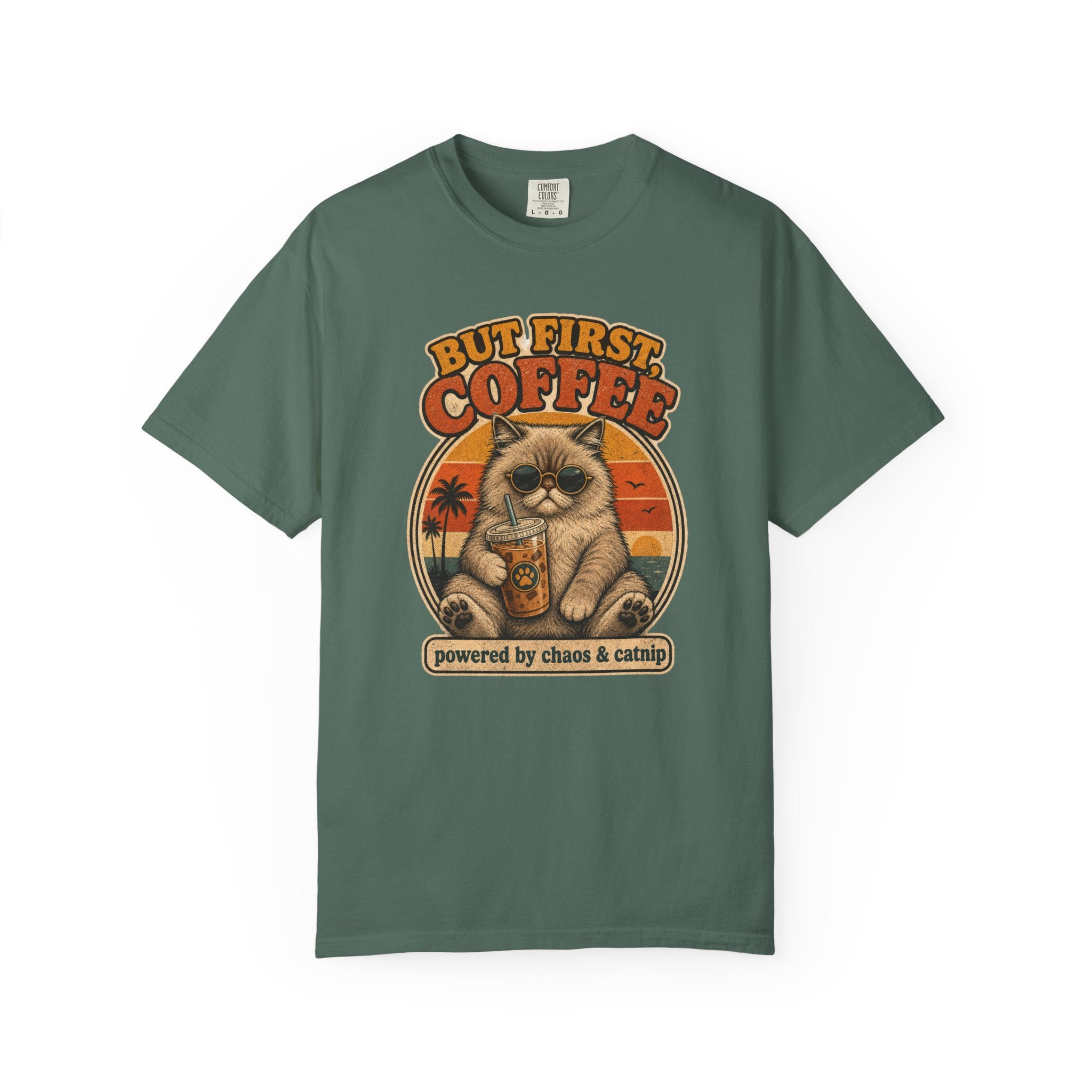 But First Coffee cat graphic T-Shirt | retro sunset, cat with latte