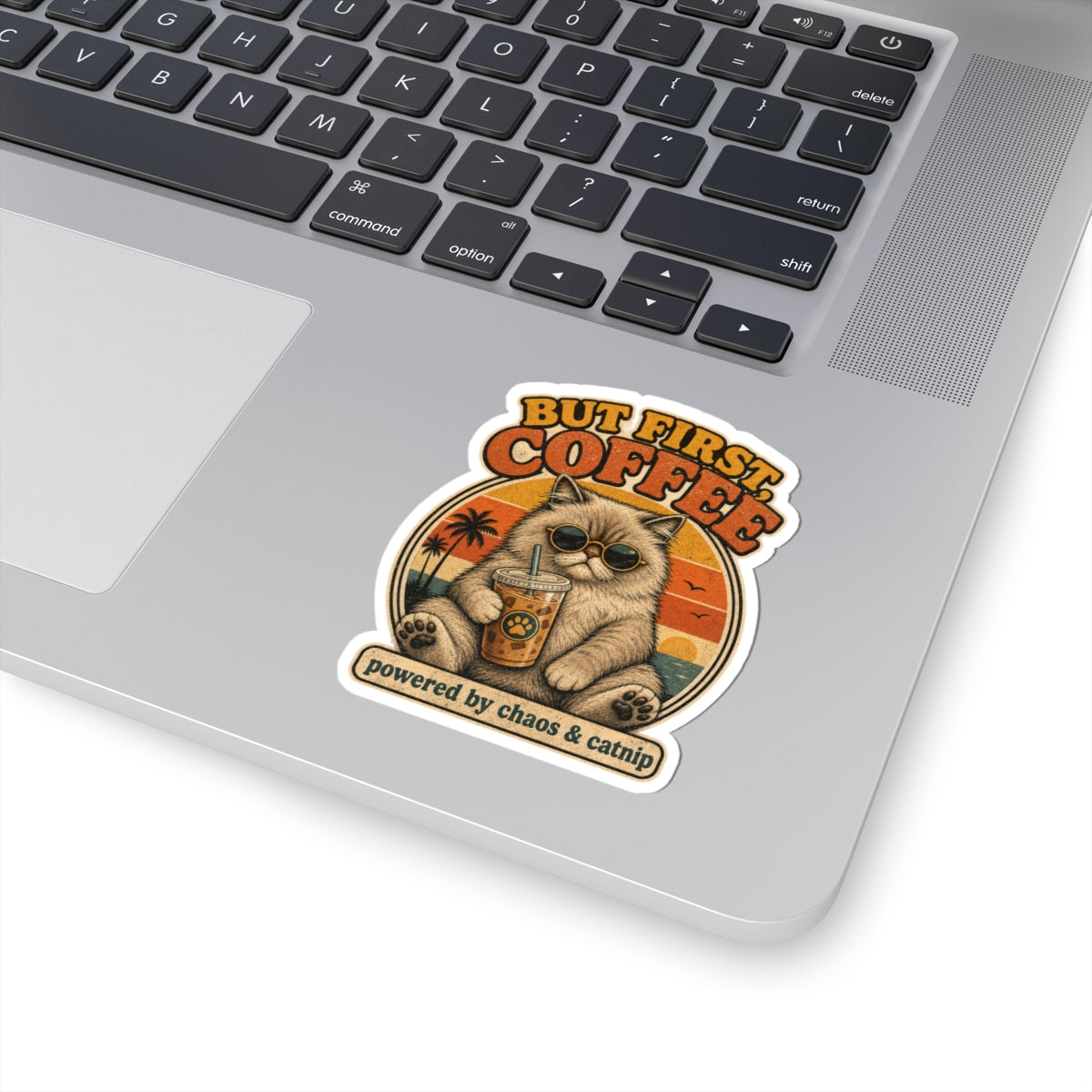 But First Coffee cat sticker Kiss-Cut vinyl sticker | retro cat, iced coffee, catnip