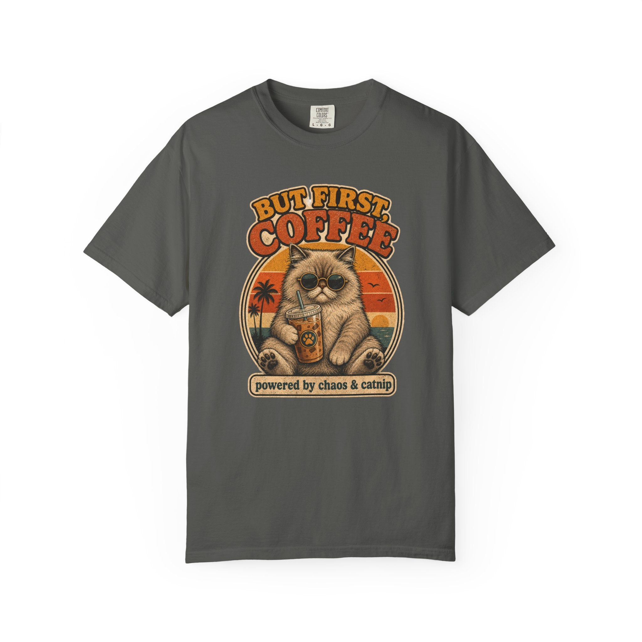 But First Coffee cat graphic T-Shirt | retro sunset, cat with latte