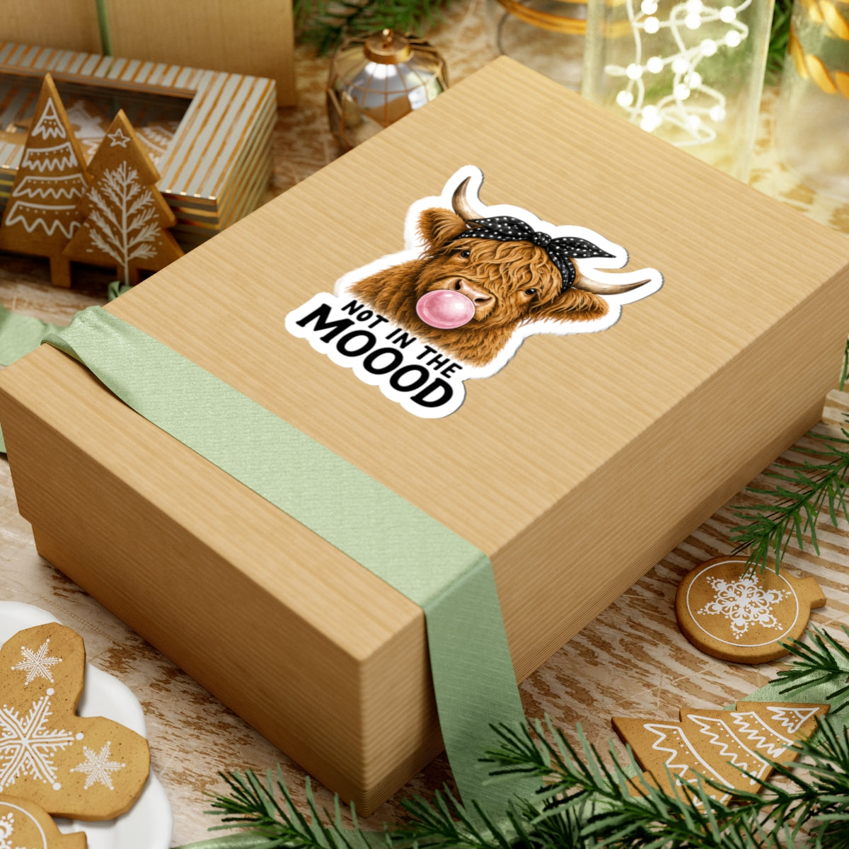 Highland Cow Bubblegum Sticker | Not In The Mood kiss-cut sticker