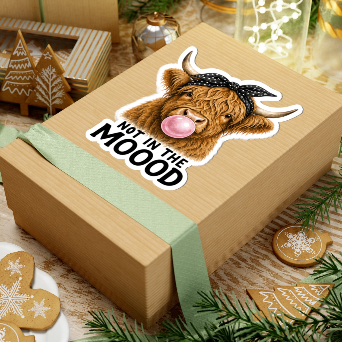 Highland Cow Bubblegum Sticker | Not In The Mood kiss-cut sticker