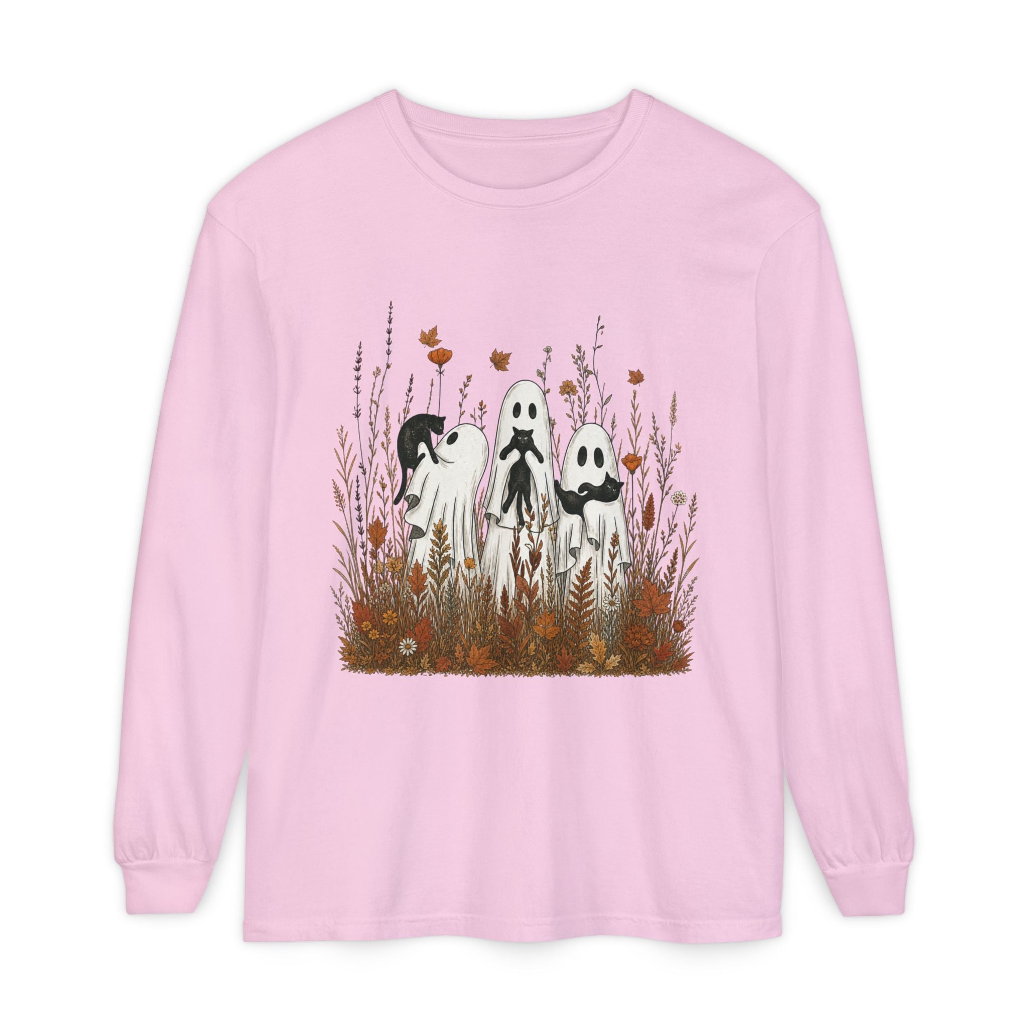 Three Ghosts in Wildflowers Long Sleeve Shirt | Halloween Autumn