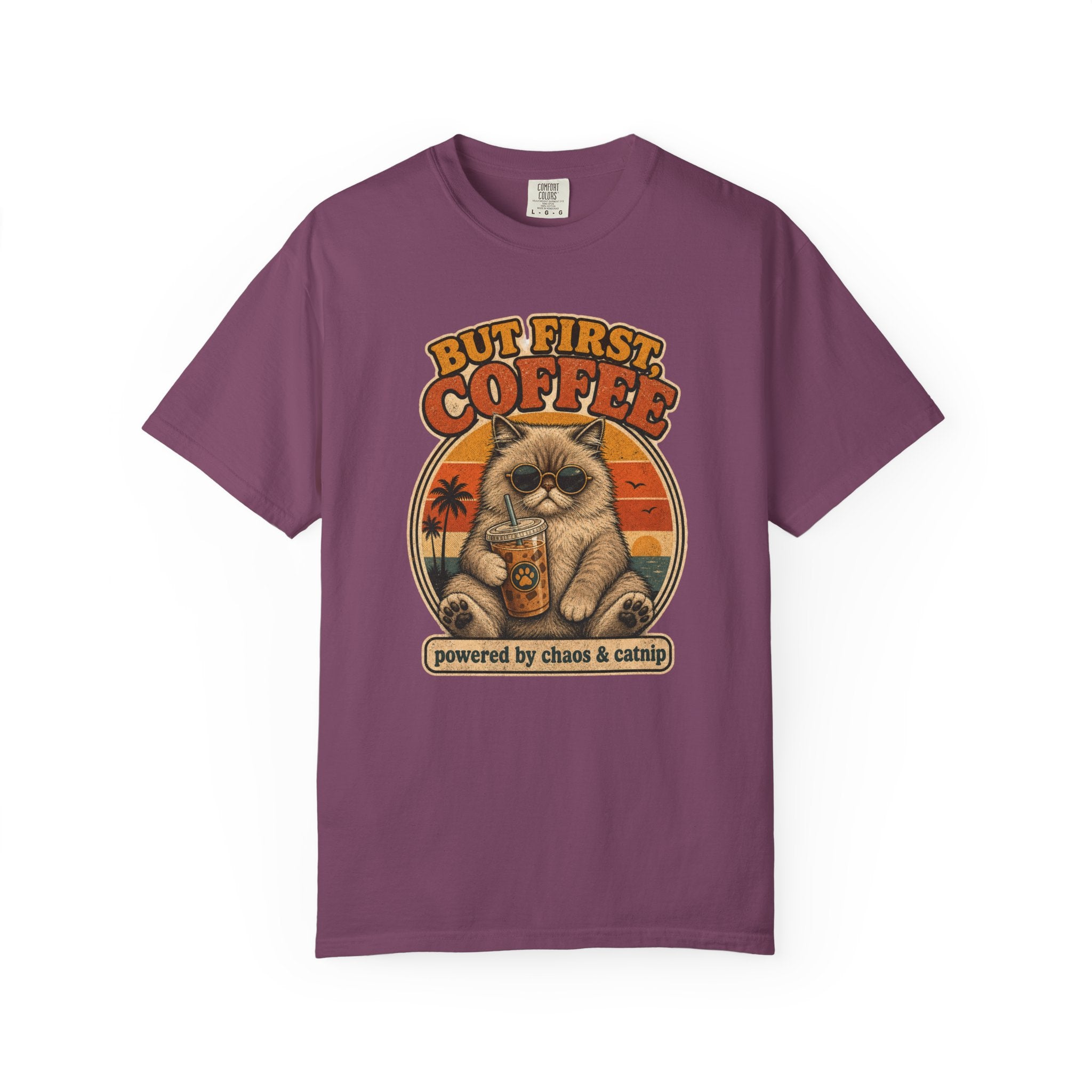 But First Coffee cat graphic T-Shirt | retro sunset, cat with latte