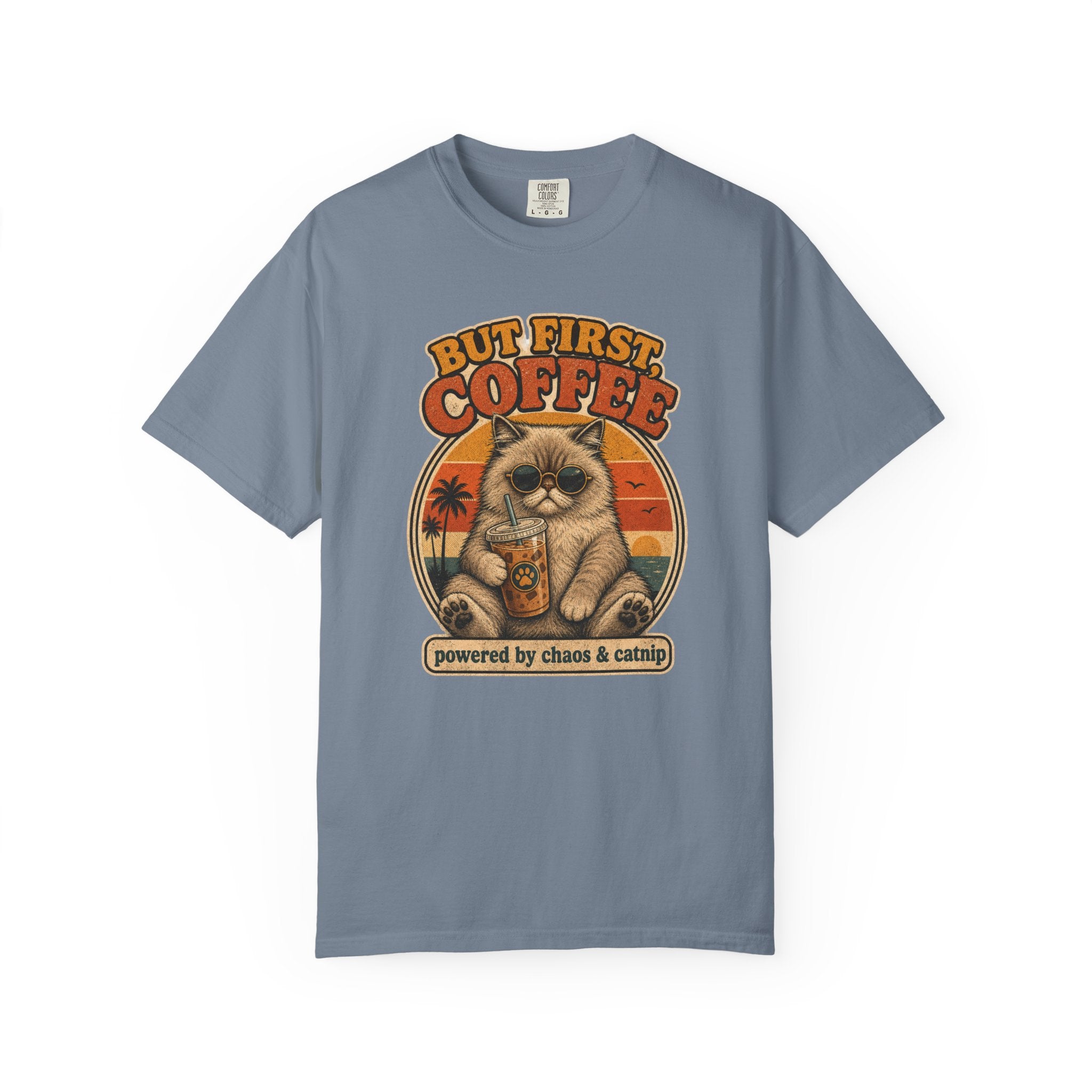 But First Coffee cat graphic T-Shirt | retro sunset, cat with latte