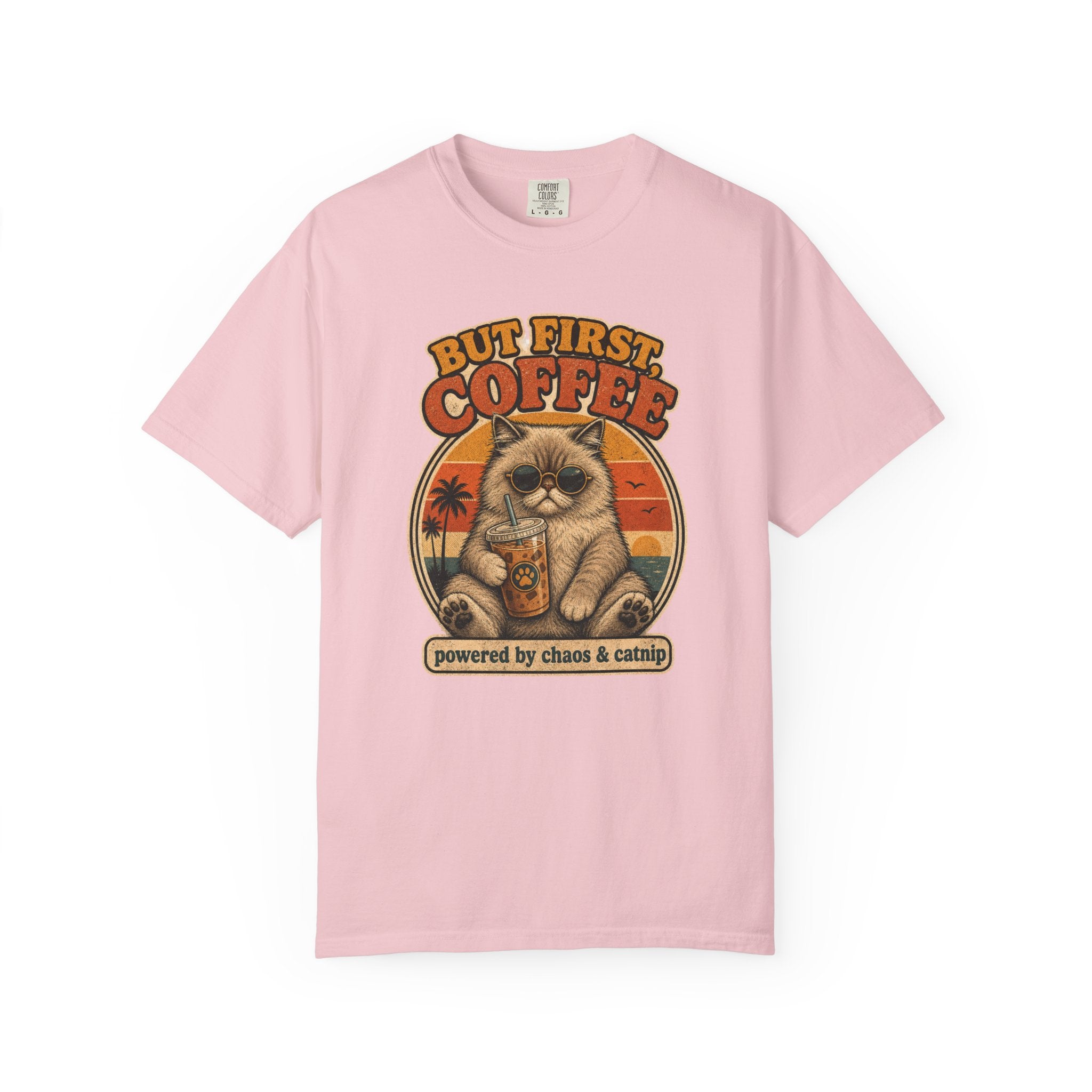But First Coffee cat graphic T-Shirt | retro sunset, cat with latte