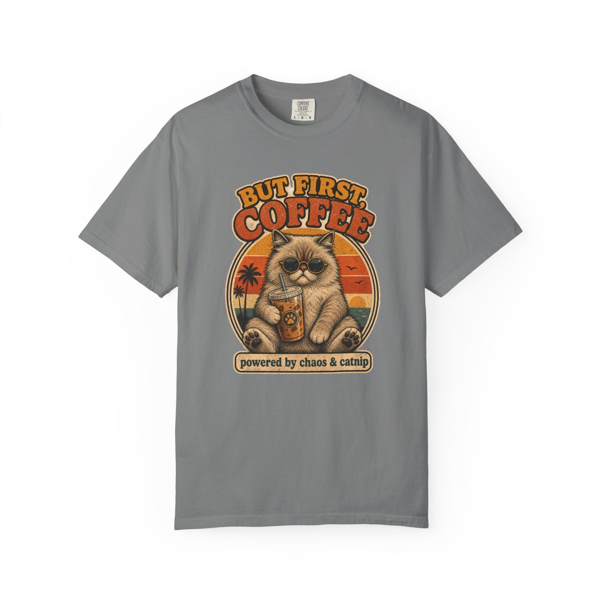 But First Coffee cat graphic T-Shirt | retro sunset, cat with latte