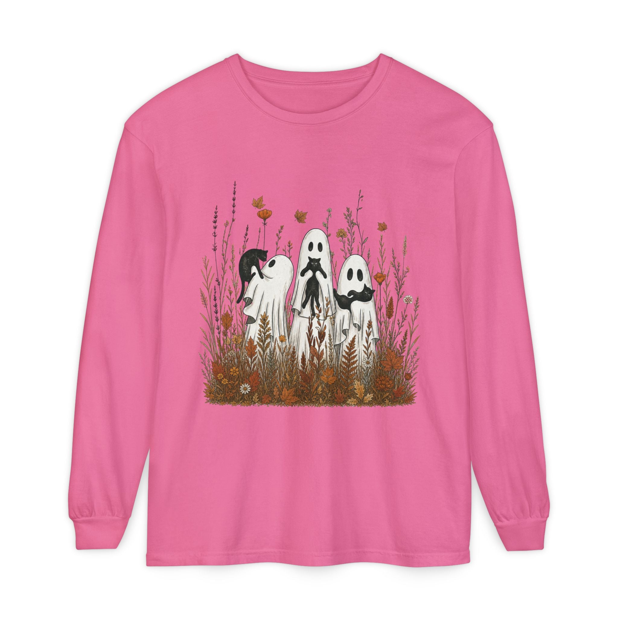 Three Ghosts in Wildflowers Long Sleeve Shirt | Halloween Autumn