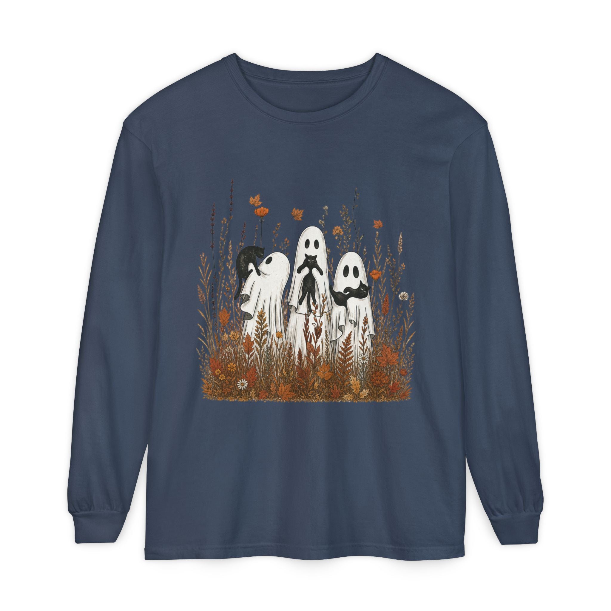Three Ghosts in Wildflowers Long Sleeve Shirt | Halloween Autumn