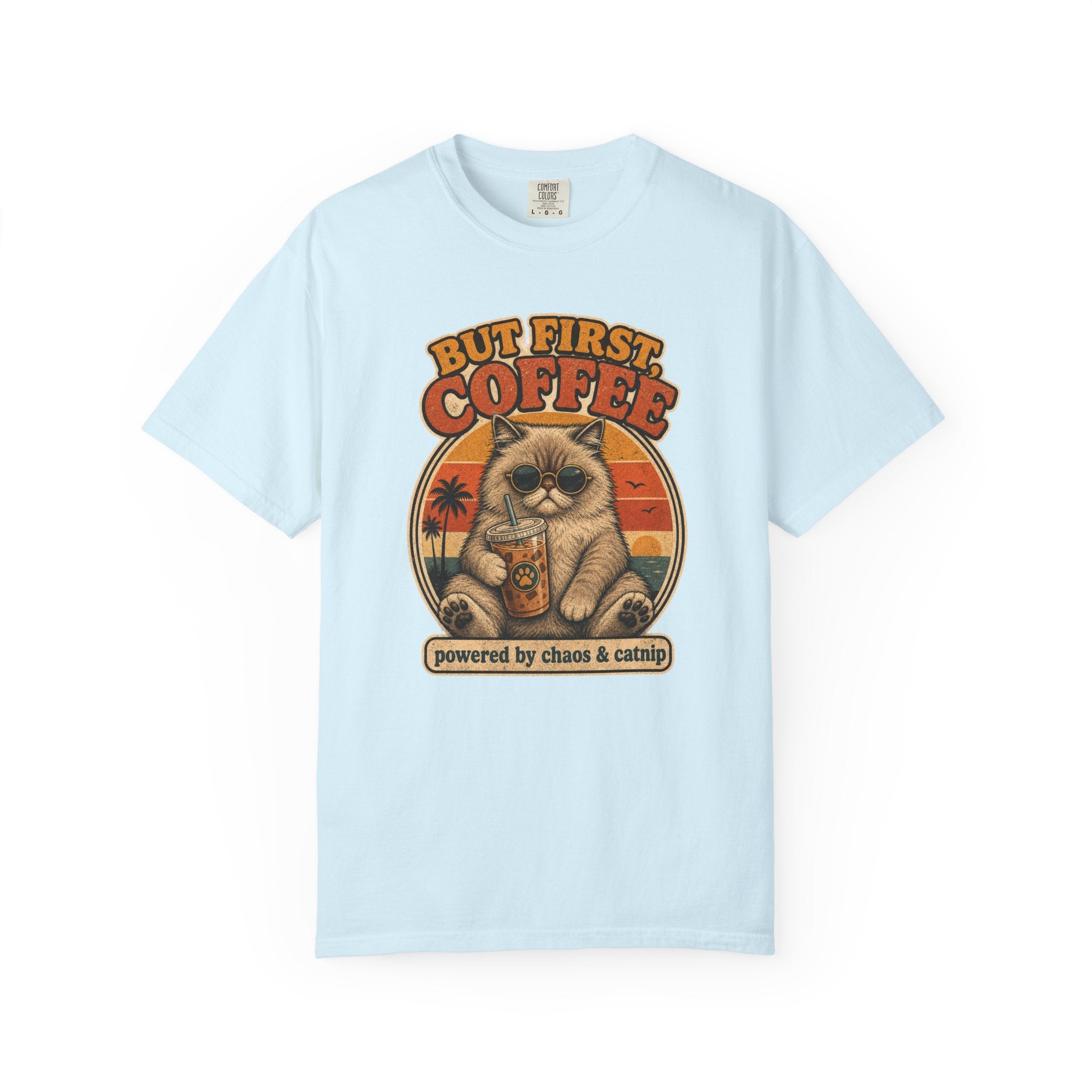 But First Coffee cat graphic T-Shirt | retro sunset, cat with latte