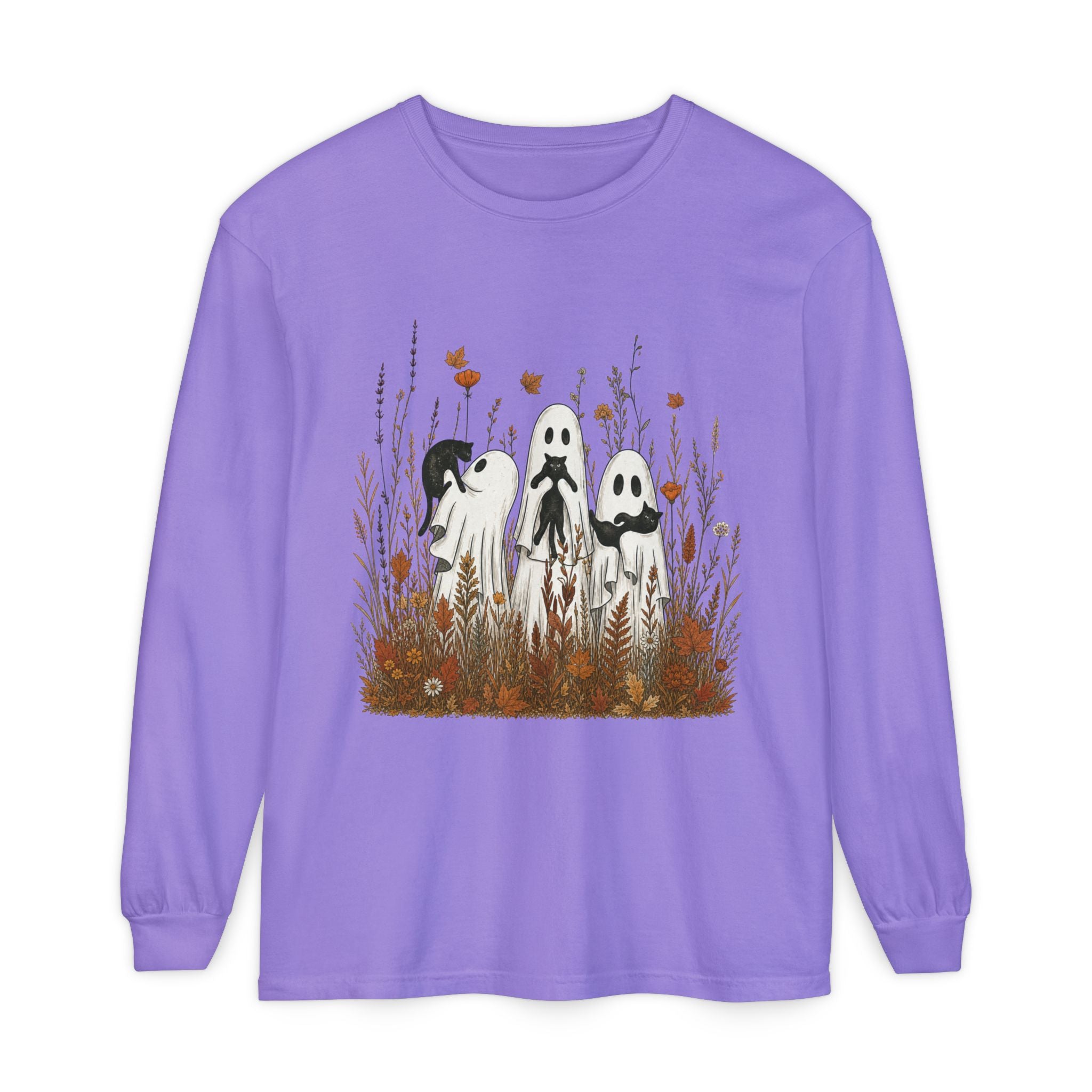 Three Ghosts in Wildflowers Long Sleeve Shirt | Halloween Autumn