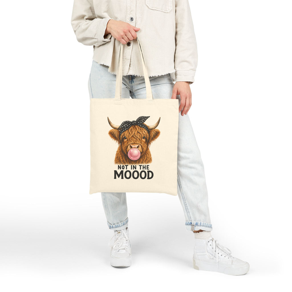 Highland Cow Bubblegum 'Not in the Mood' Tote Bag | Cute Cow Illustration