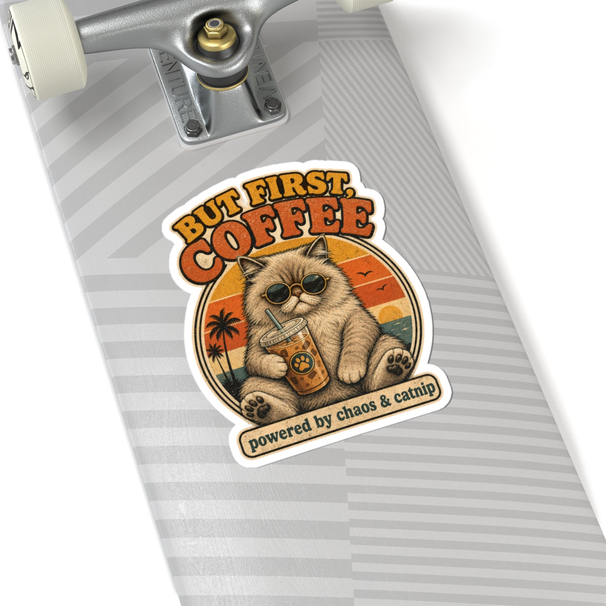 But First Coffee cat sticker Kiss-Cut vinyl sticker | retro cat, iced coffee, catnip