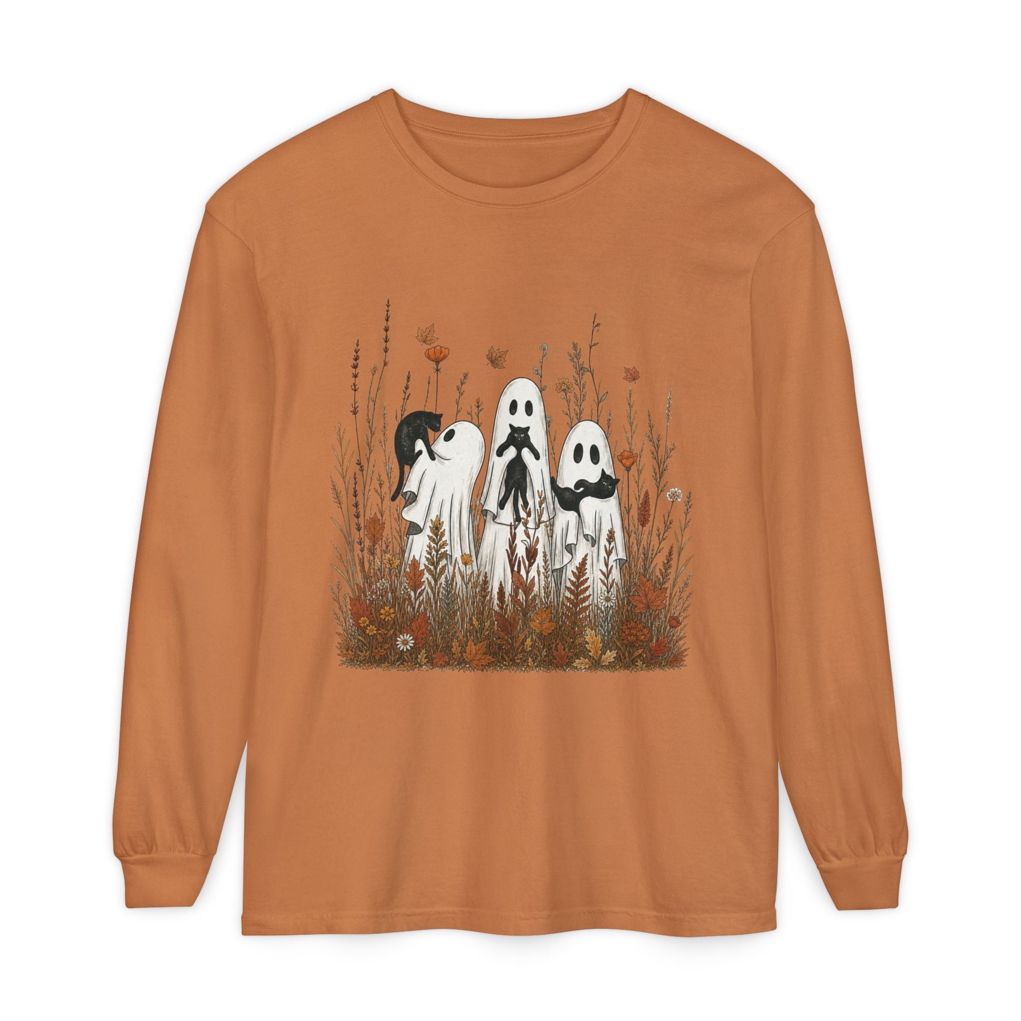 Three Ghosts in Wildflowers Long Sleeve Shirt | Halloween Autumn