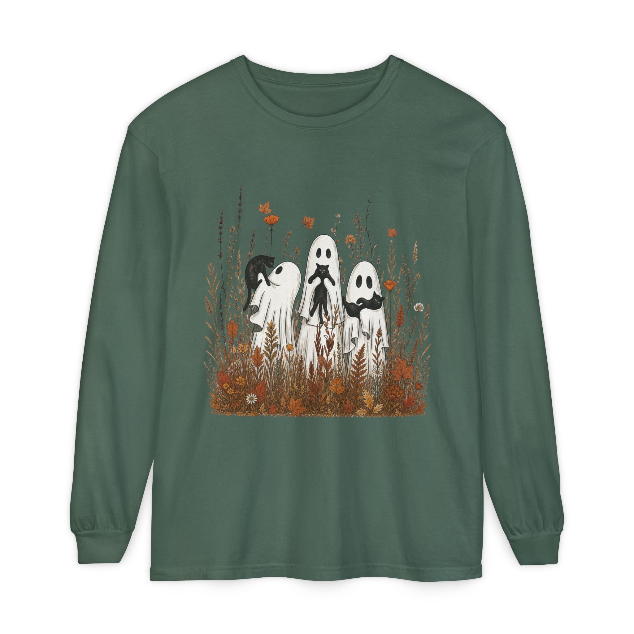 Three Ghosts in Wildflowers Long Sleeve Shirt | Halloween Autumn