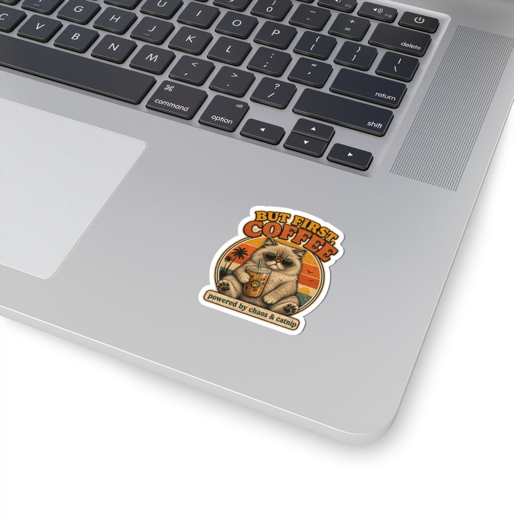 But First Coffee cat sticker Kiss-Cut vinyl sticker | retro cat, iced coffee, catnip
